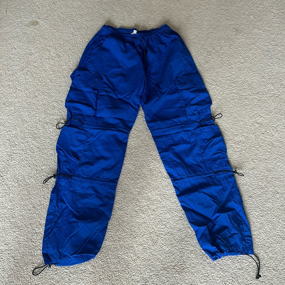 Royal blue garage cargo parachute pants